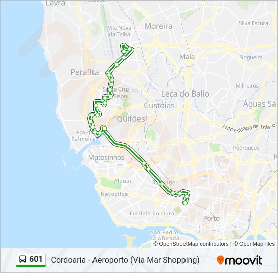 Mapa da linha do autocarro 601.