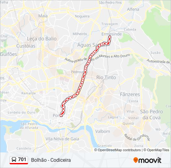 Mapa da linha do autocarro 701.