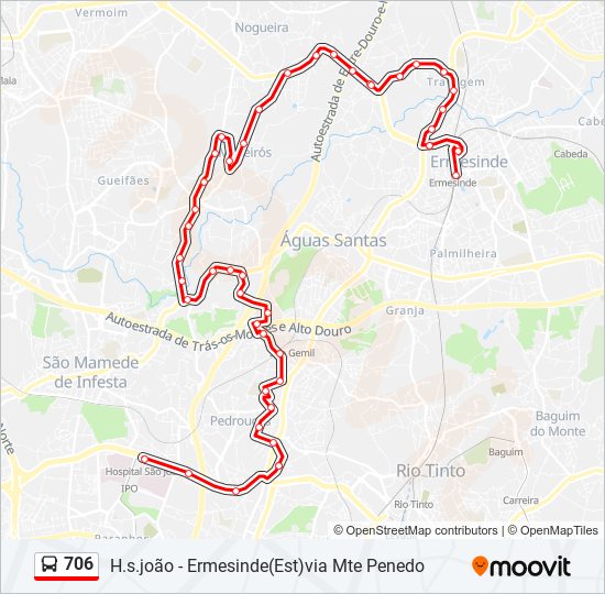 Mapa da linha do autocarro 706.