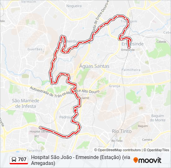 Mapa da linha do autocarro 707.