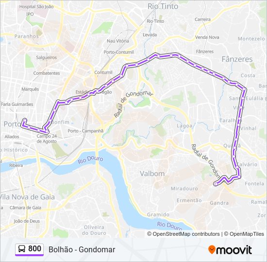 Mapa da linha do autocarro 800.