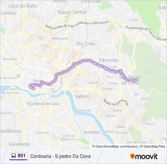 Mapa da linha do autocarro 801.