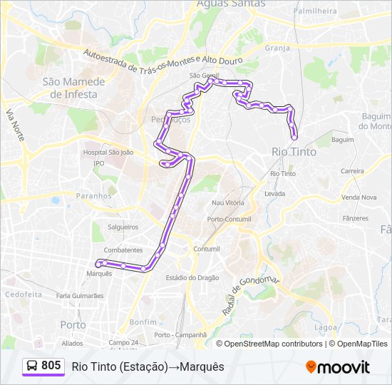 Mapa da linha do autocarro 805.