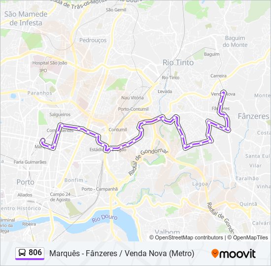 Mapa da linha do autocarro 806.