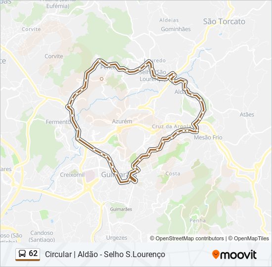 Mapa da linha do autocarro 62.