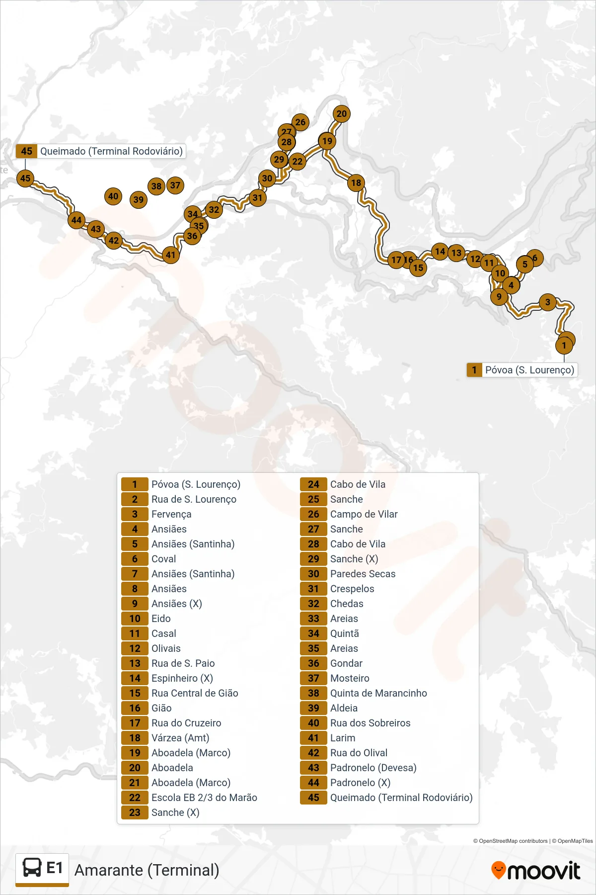 Percurso e paragens da linha E1 de autocarro (Amarante (Terminal)) no mapa