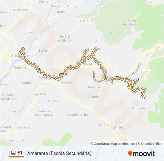 Mapa da linha do autocarro E1.