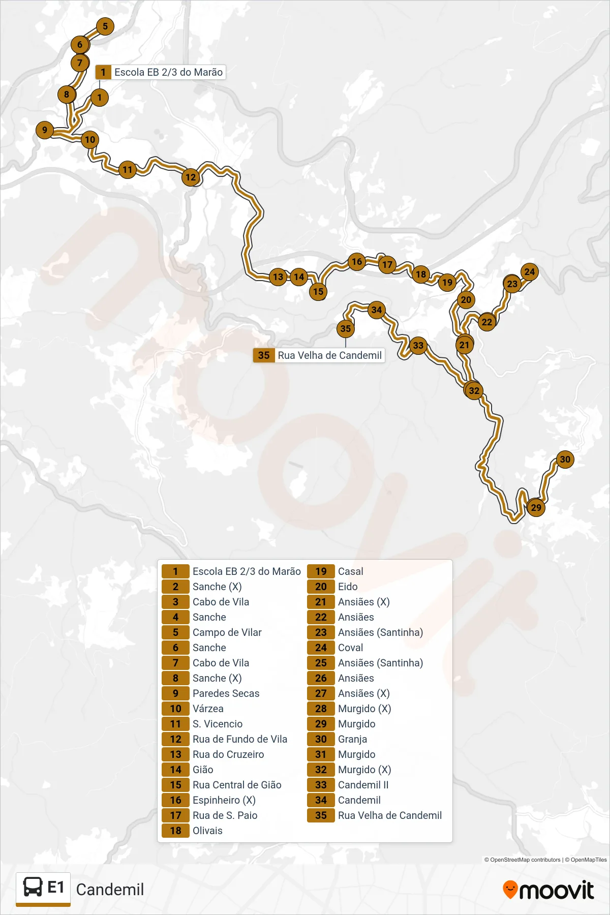 Percurso e paragens da linha E1 de autocarro (Candemil) no mapa
