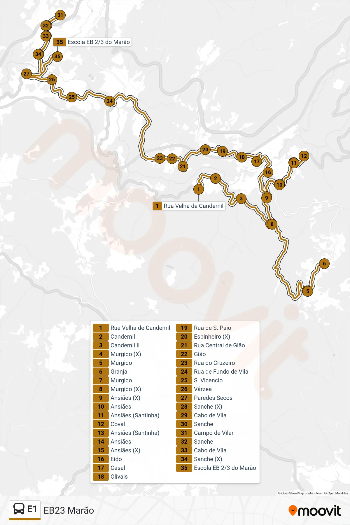 Percurso e paragens da linha E1 de autocarro (EB23 Marão) no mapa