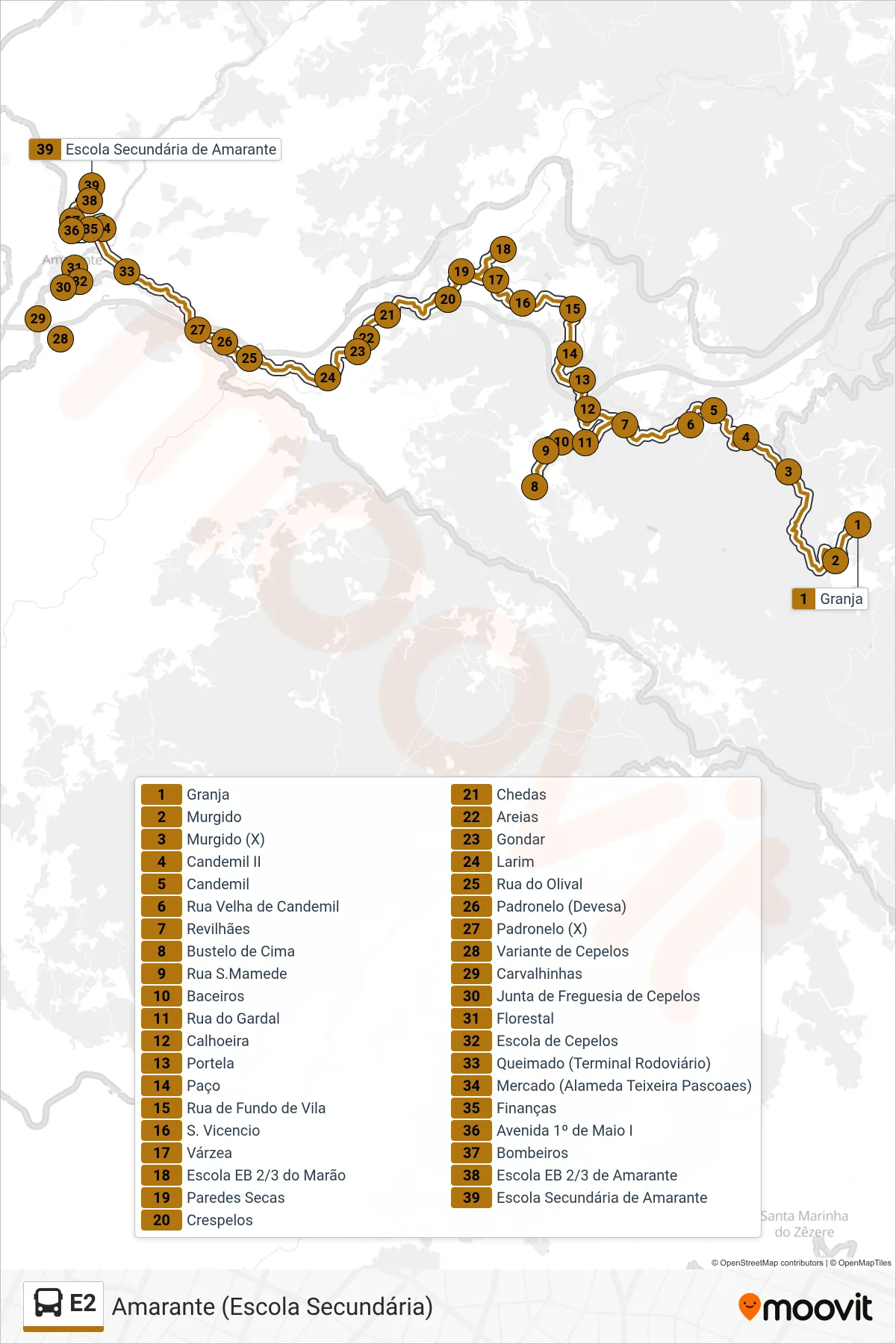 Percurso e paragens da linha E2 de autocarro (Amarante (Escola Secundária)) no mapa