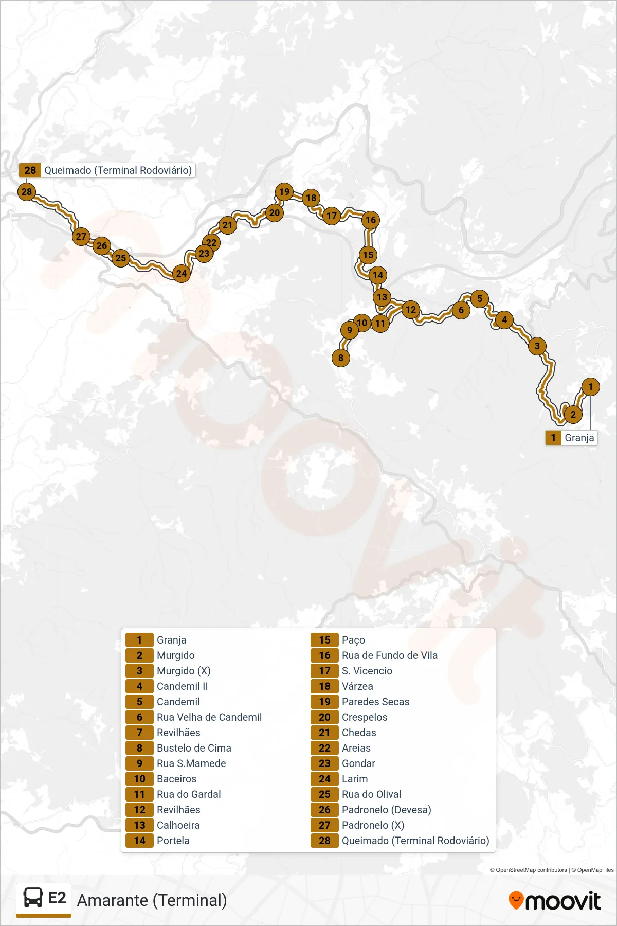 Percurso e paragens da linha E2 de autocarro (Amarante (Terminal)) no mapa