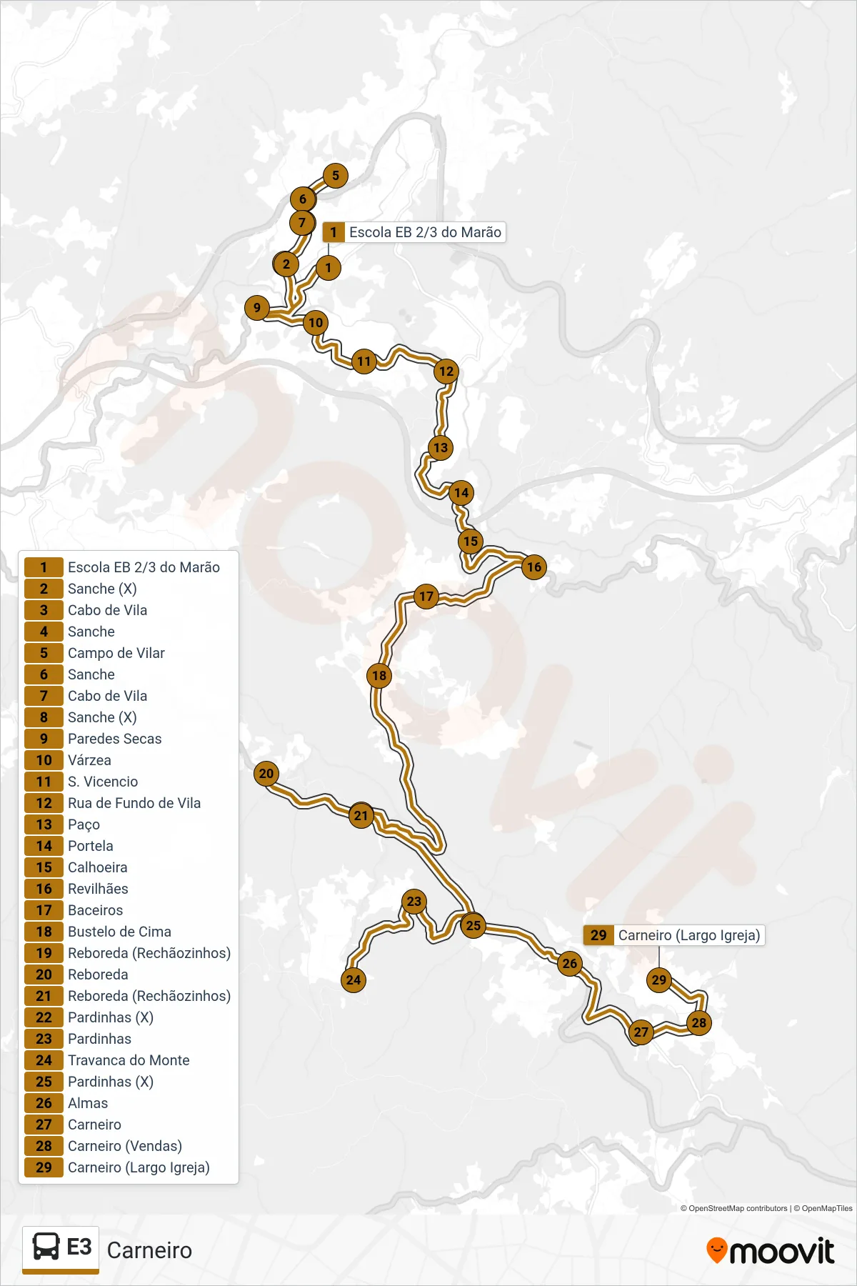 E3 bus Line (Carneiro) route and stops on a map