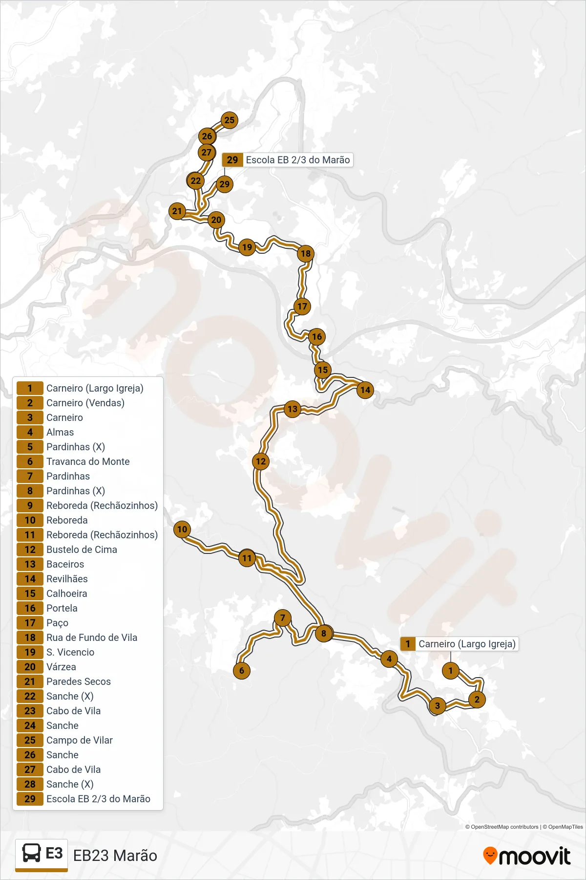 Percurso e paragens da linha E3 de autocarro (EB23 Marão) no mapa