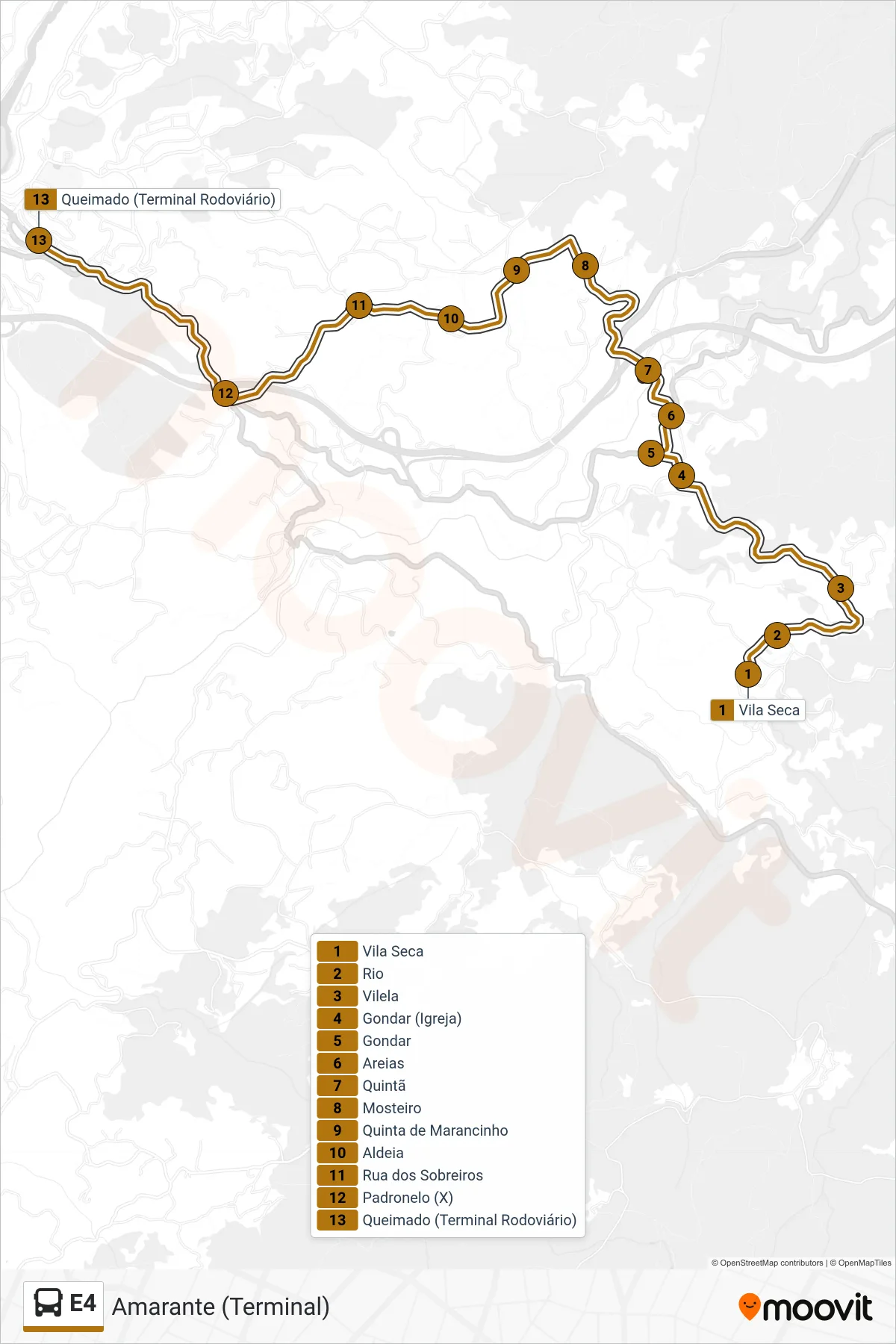 E4 bus Line (Amarante (Terminal)) route and stops on a map