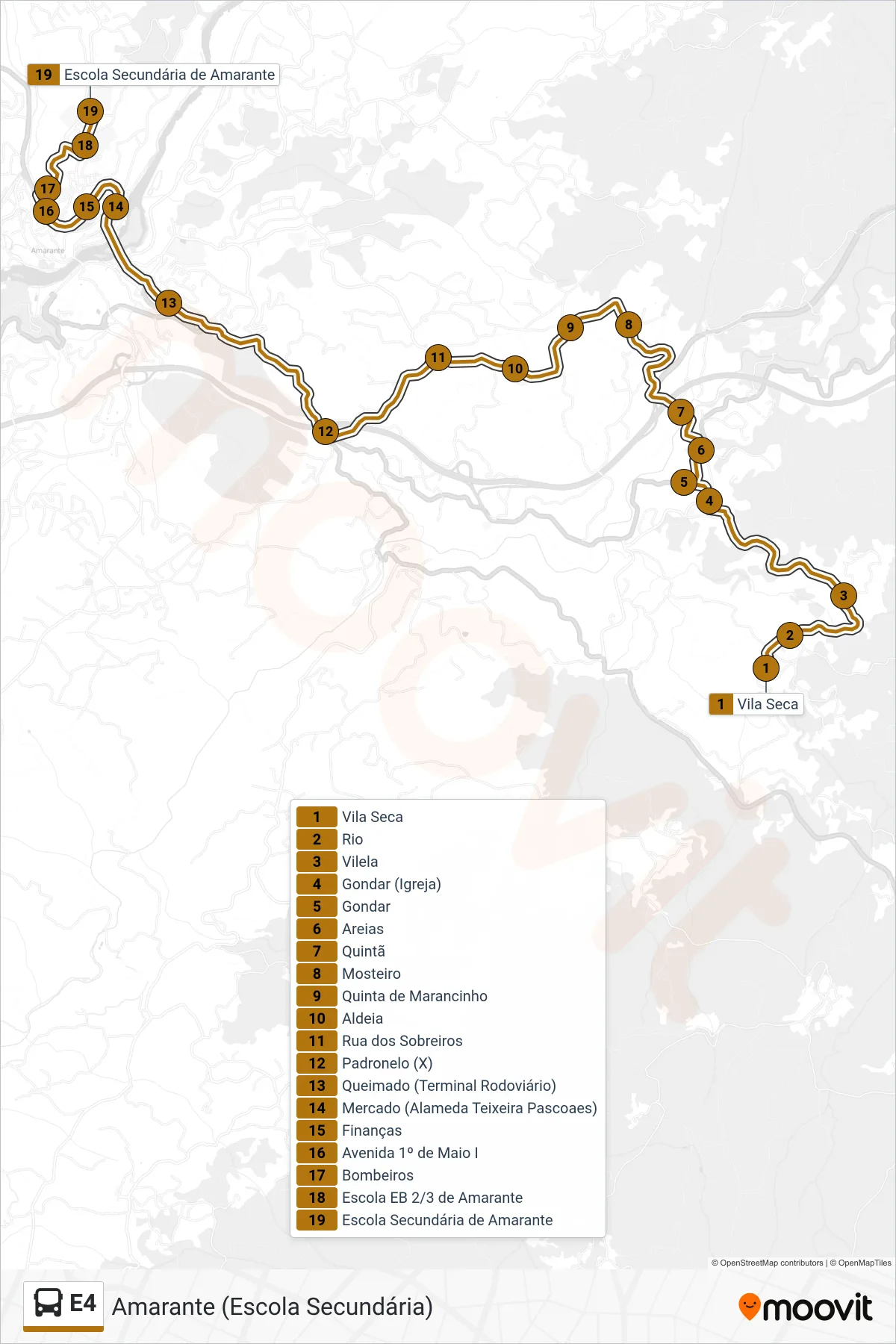 Percurso e paragens da linha E4 de autocarro (Amarante (Escola Secundária)) no mapa