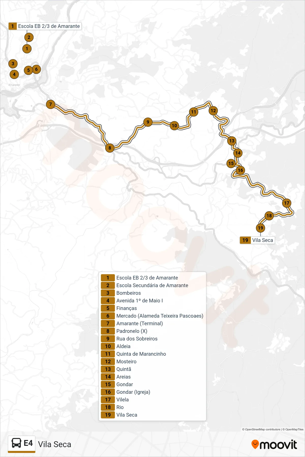 Percurso e paragens da linha E4 de autocarro (Vila Seca) no mapa