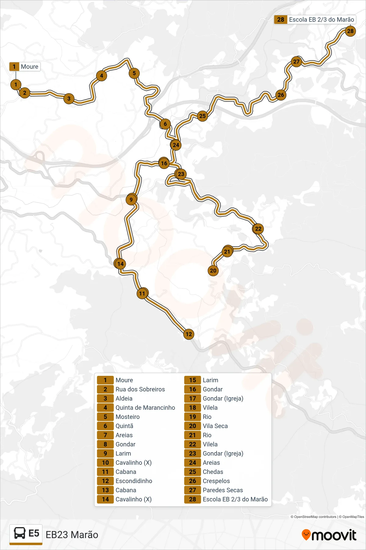 Percurso e paragens da linha E5 de autocarro (EB23 Marão) no mapa