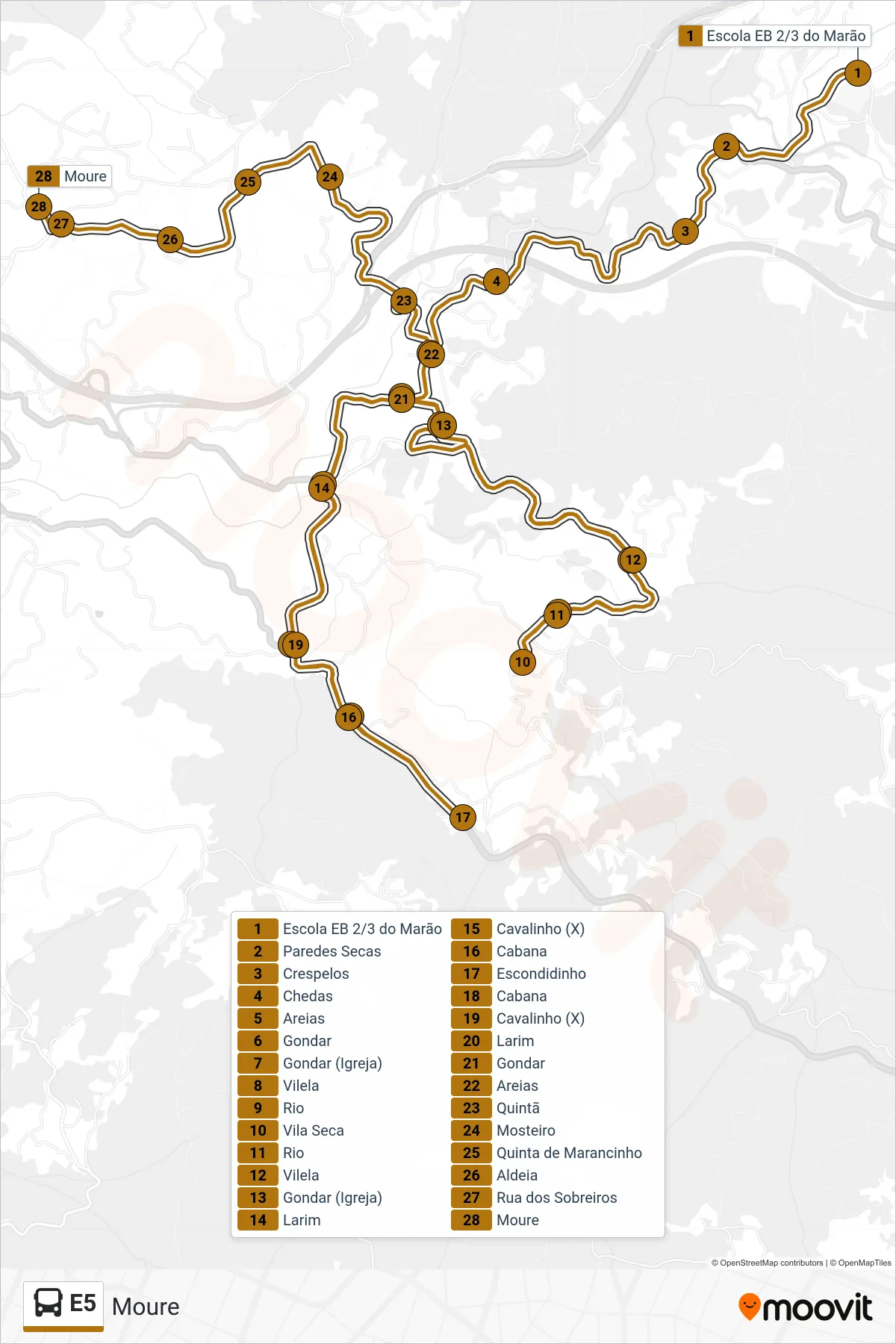 Percurso e paragens da linha E5 de autocarro (Moure) no mapa