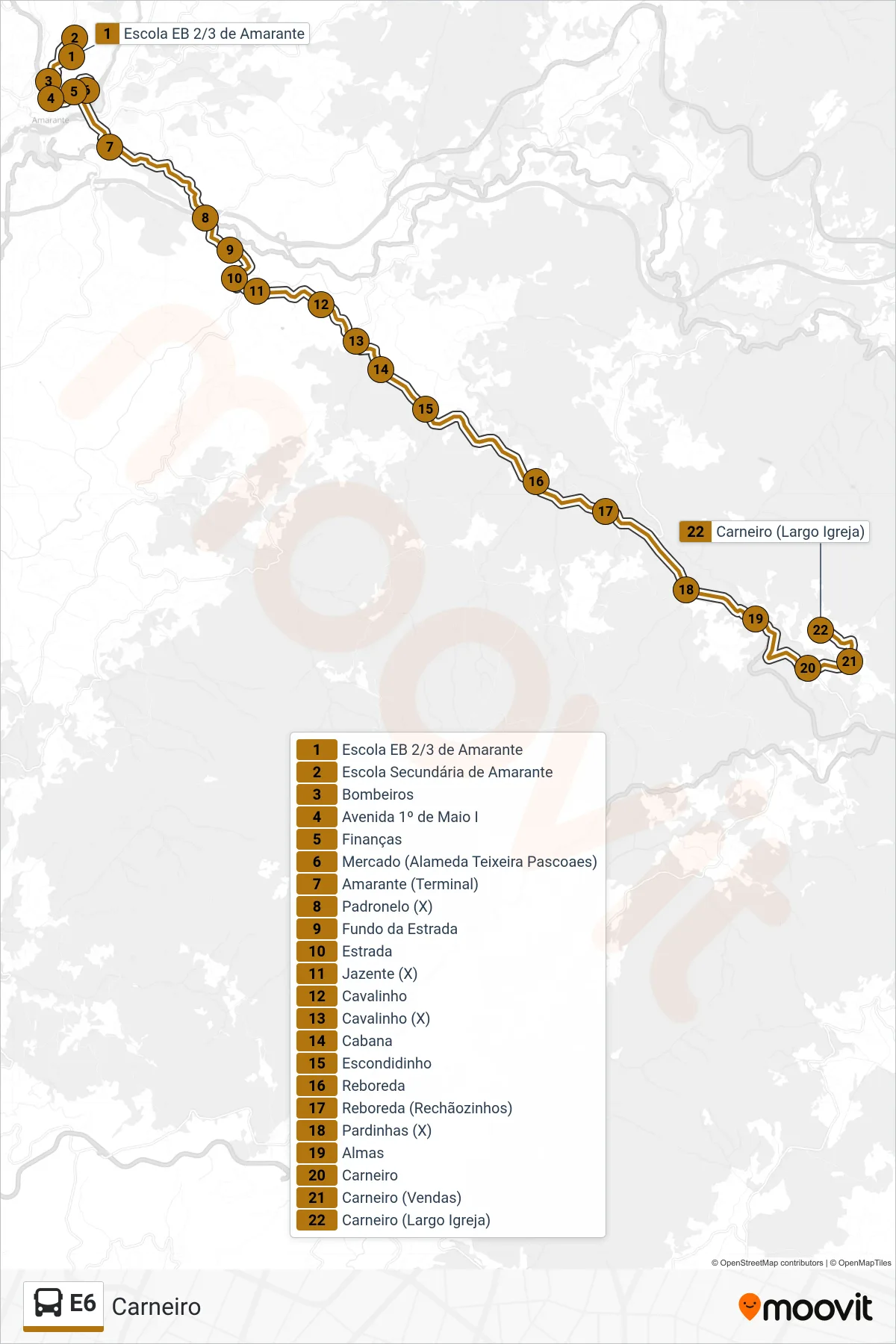 Percurso e paragens da linha E6 de autocarro (Carneiro) no mapa