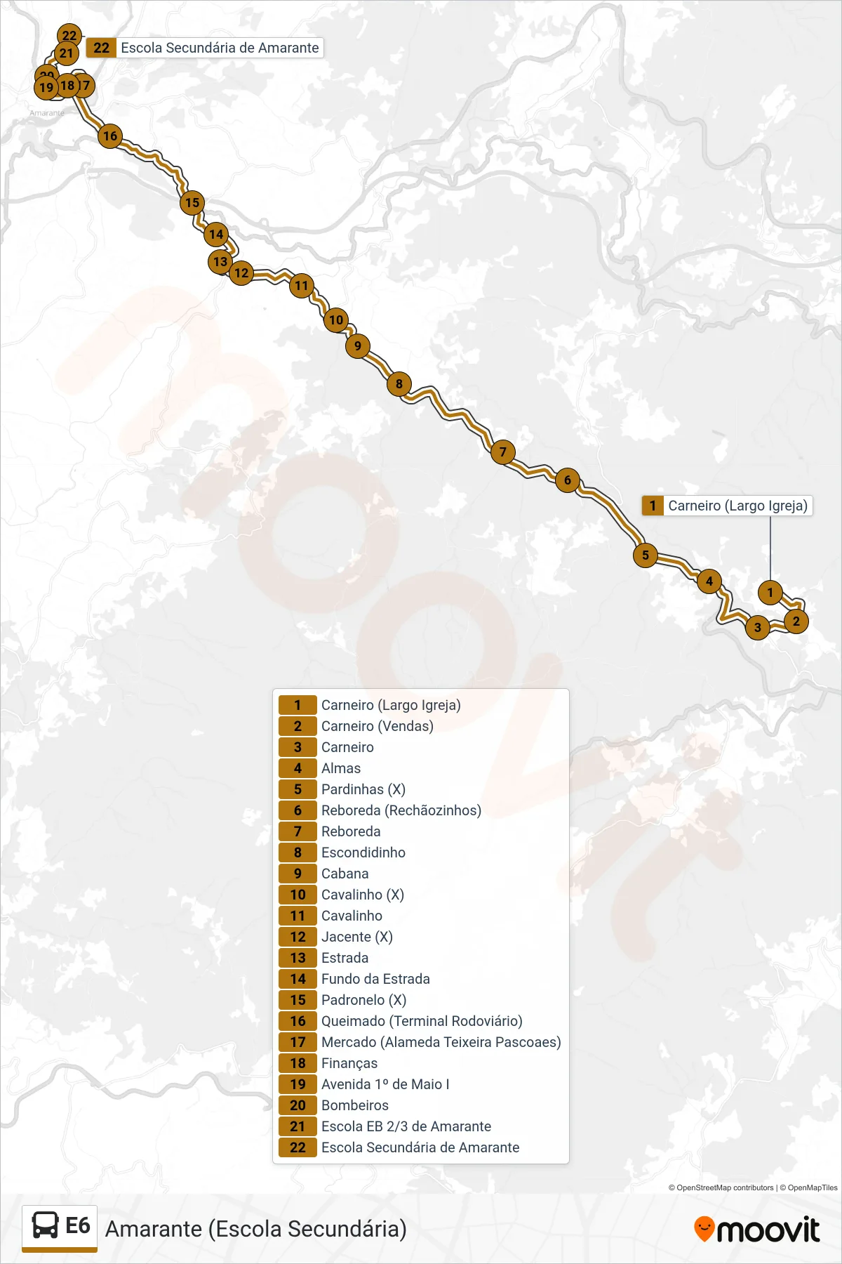 Percurso e paragens da linha E6 de autocarro (Amarante (Escola Secundária)) no mapa