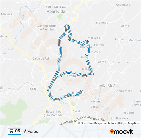 Mapa da linha do autocarro O5.