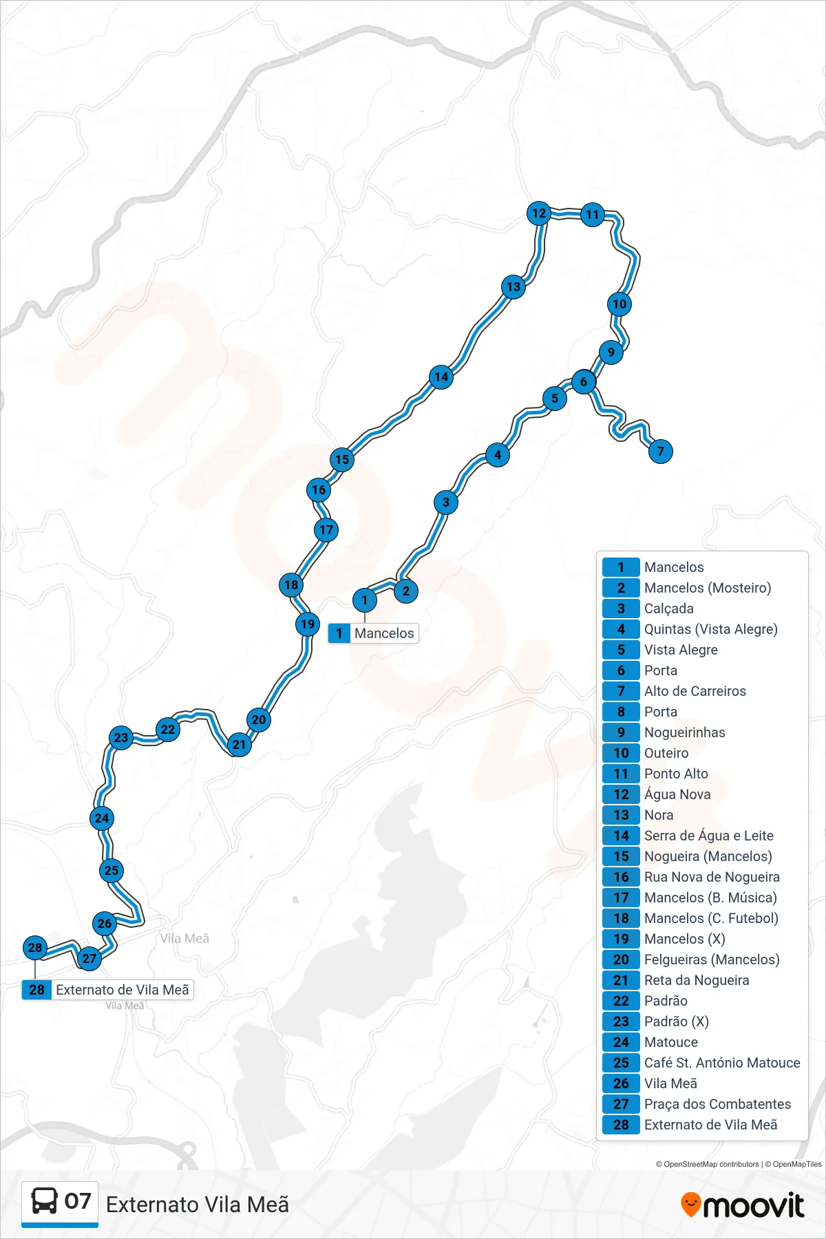 Percurso e paragens da linha O7 de autocarro (Externato Vila Meã) no mapa
