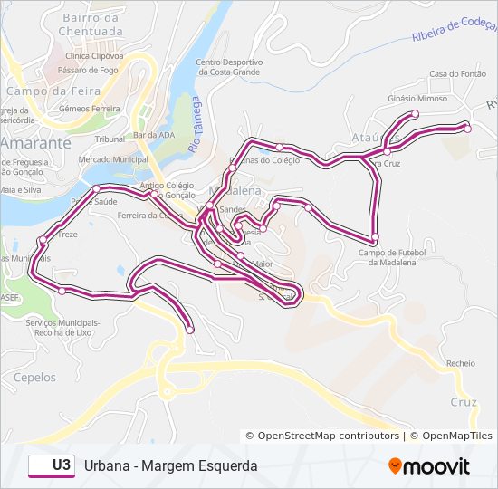 Mapa da linha do autocarro U3.