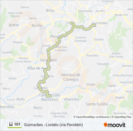 Mapa da linha do autocarro 101.