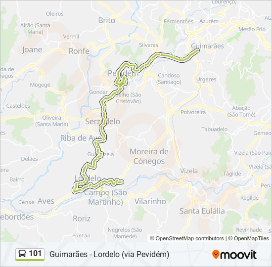 Mapa da linha do autocarro 101.