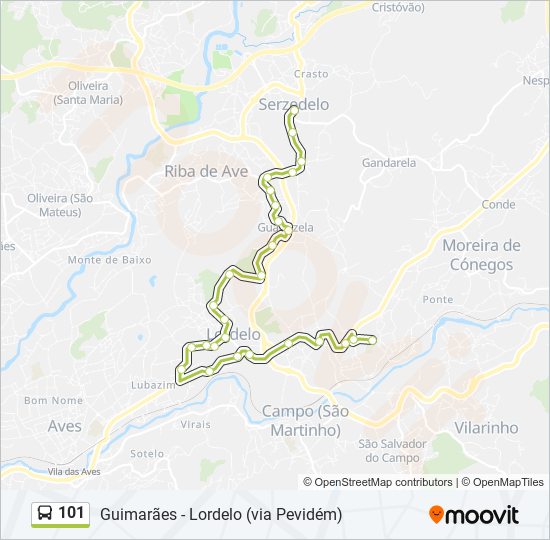 Mapa da linha do autocarro 101.