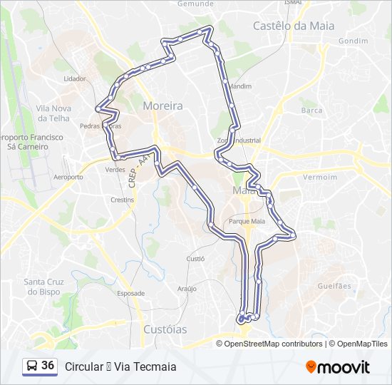 Mapa da linha do autocarro 36.