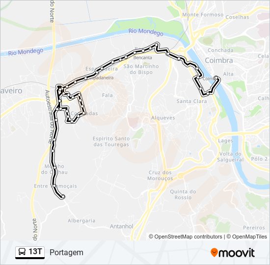 Mapa da linha do autocarro 13T.