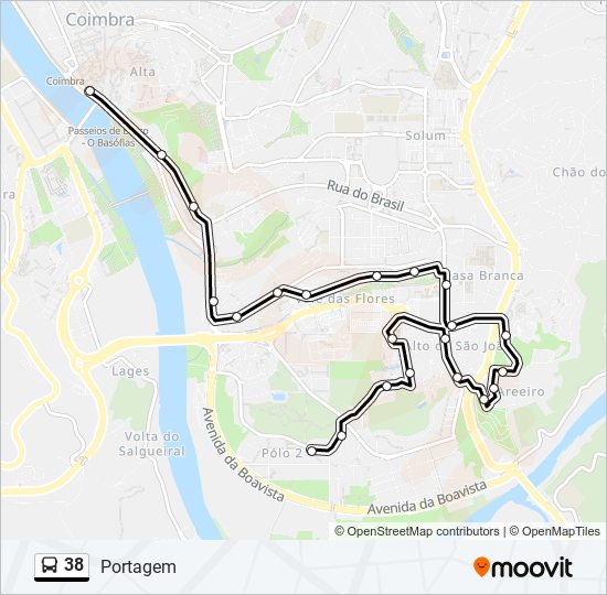 Mapa da linha do autocarro 38.