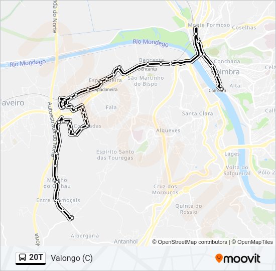 Mapa da linha do autocarro 20T.