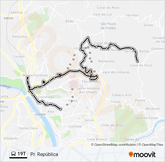 Mapa da linha do autocarro 19T.