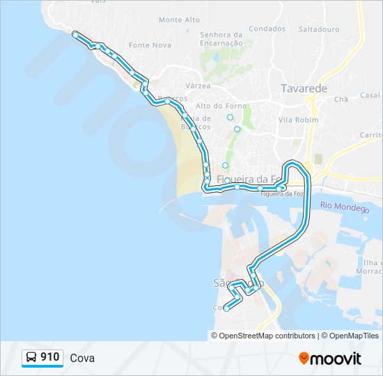 Mapa da linha do autocarro 910.