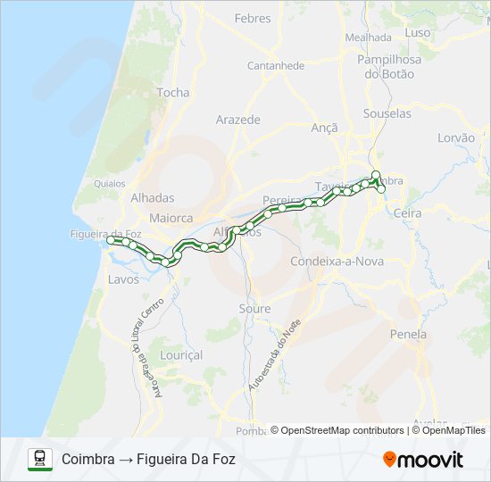 Mapa da linha do  COIMBRA → FIGUEIRA DA FOZ (URBANO).