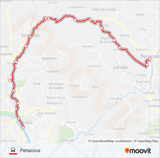 Mapa da linha do autocarro COIMBRA - PENACOVA P/MONTE REDONDO.