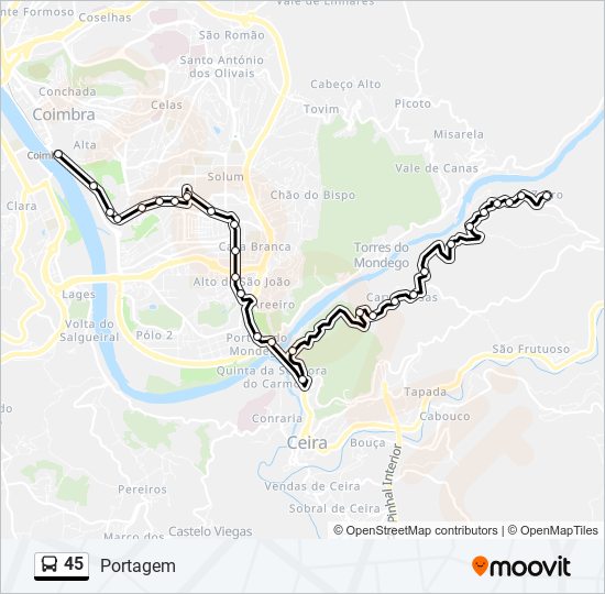 Mapa da linha do autocarro 45.