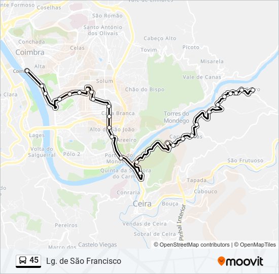 Mapa da linha do autocarro 45.