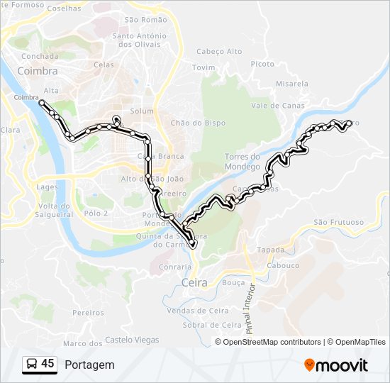 Mapa da linha do autocarro 45.