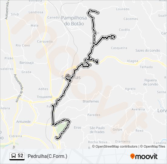 Mapa da linha do autocarro 52.
