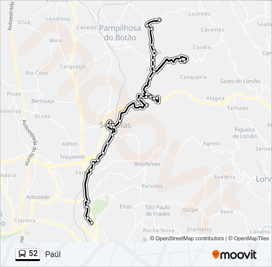 Mapa da linha do autocarro 52.