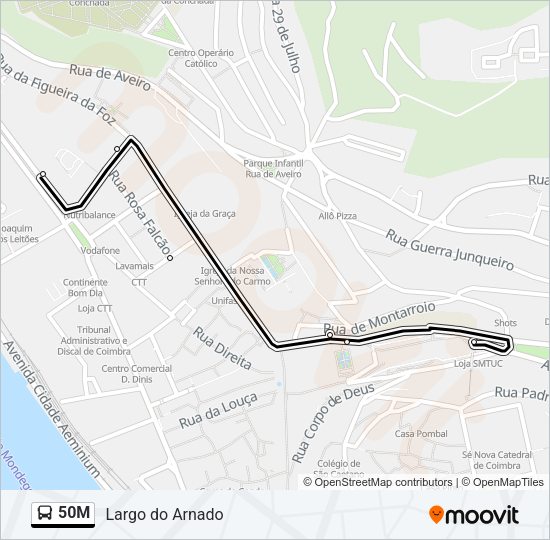 Mapa da linha do autocarro 50M.
