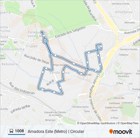 Mapa da linha do autocarro 1008.