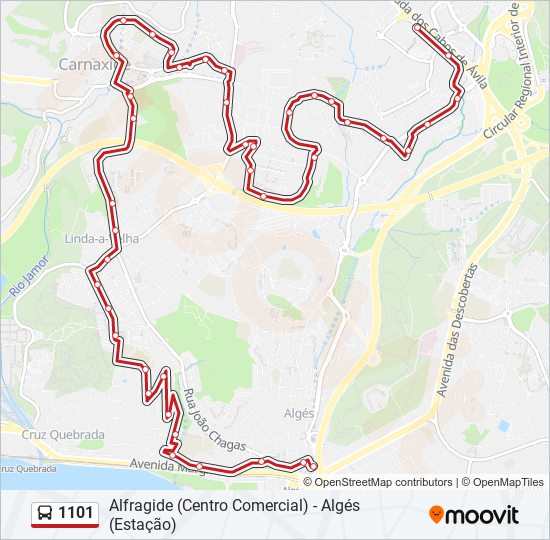 Mapa da linha do autocarro 1101.