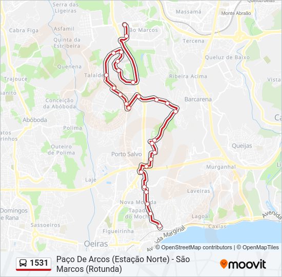 Mapa da linha do autocarro 1531.