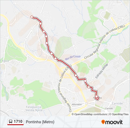 Mapa da linha do autocarro 1710.