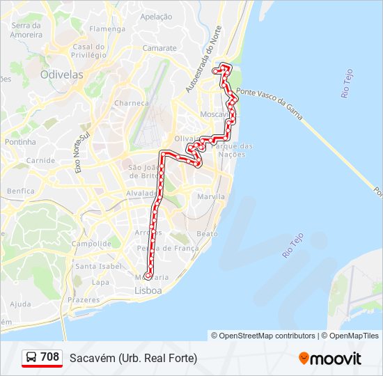 Mapa da linha do autocarro 708.