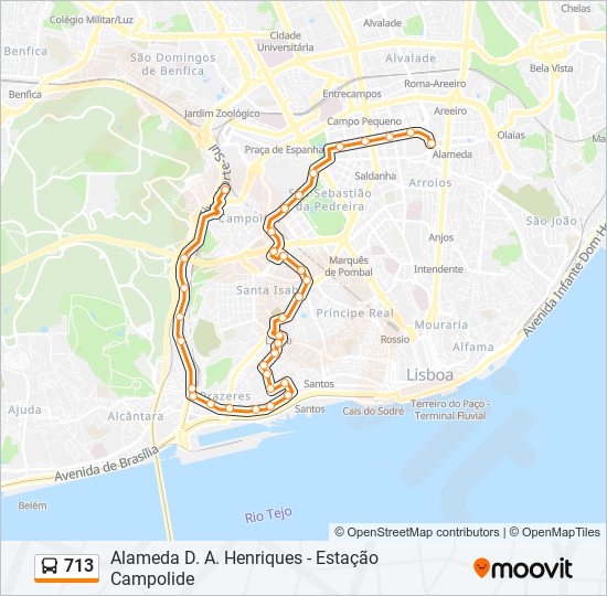 Mapa da linha do autocarro 713.